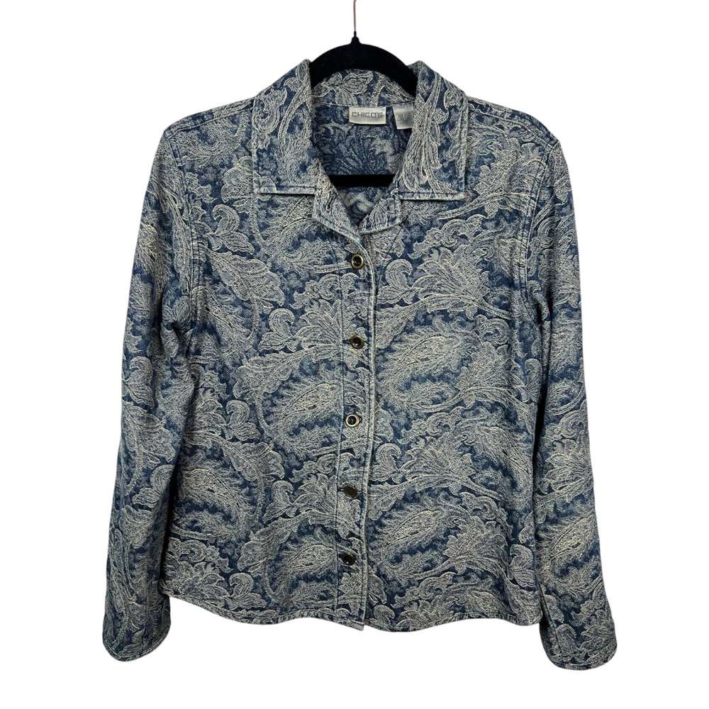 Chico's Paisley Cotton Tapestry Fall Blue Jacket Vintage Textured Casual Medium